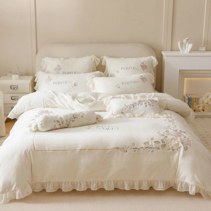 高档牛奶绒夹棉床盖四件套冬季双面绒刺绣被套珊瑚绒床单款四件套