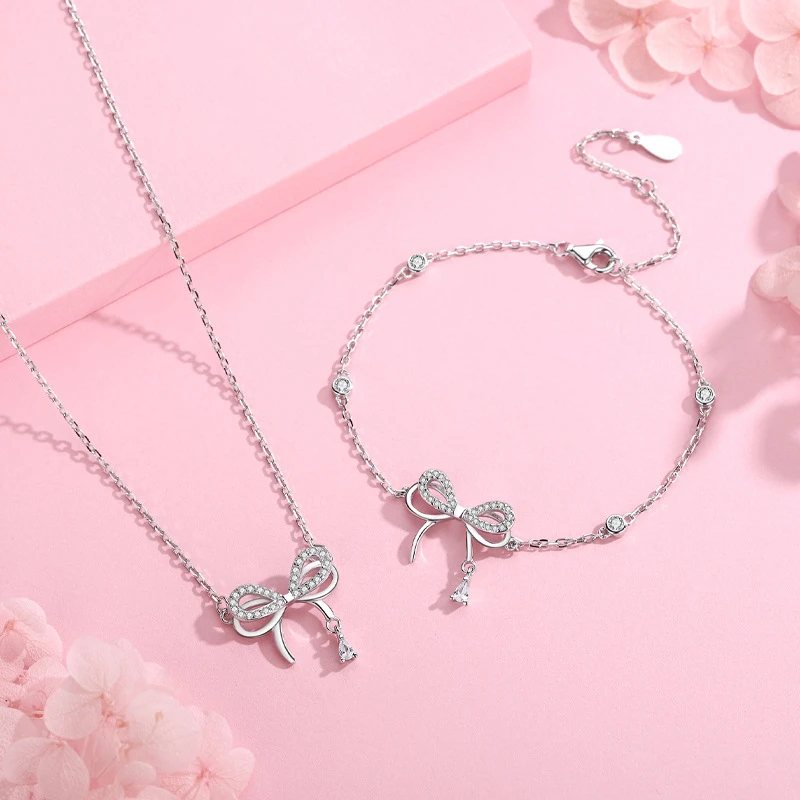 坠链均925银 s925纯银蝶梦灵动蝴蝶结时尚吊坠项链手链轻奢甜美