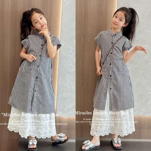 女童2024日系复古文艺格子衬衫连衣裙套装叠穿复古文艺松弛感长裙