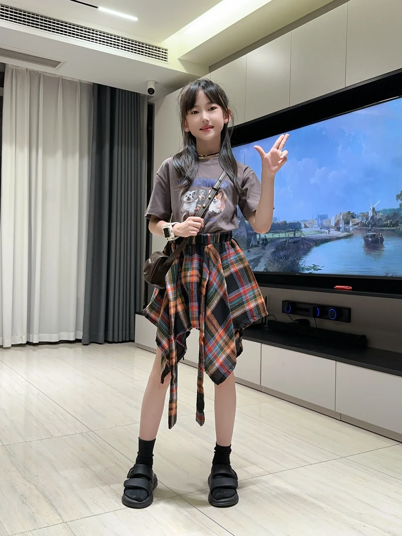 女童裤裙2024夏季新款洋气印花T恤美式高街格纹裤裙