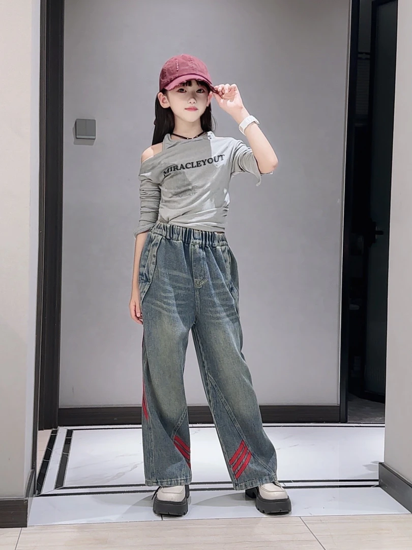 女童2024美式复古条纹撞色拼接做旧牛仔裤潮牌直筒宽松工装阔腿裤