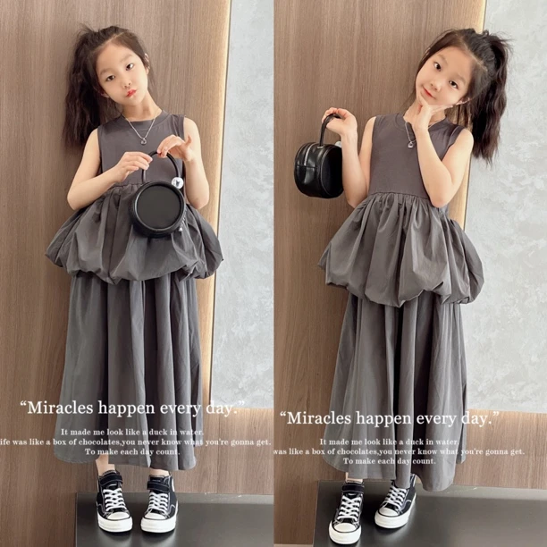 女童无袖花边上衣半身裙两件套装中大童洋气连衣裙儿童背心吊带裙