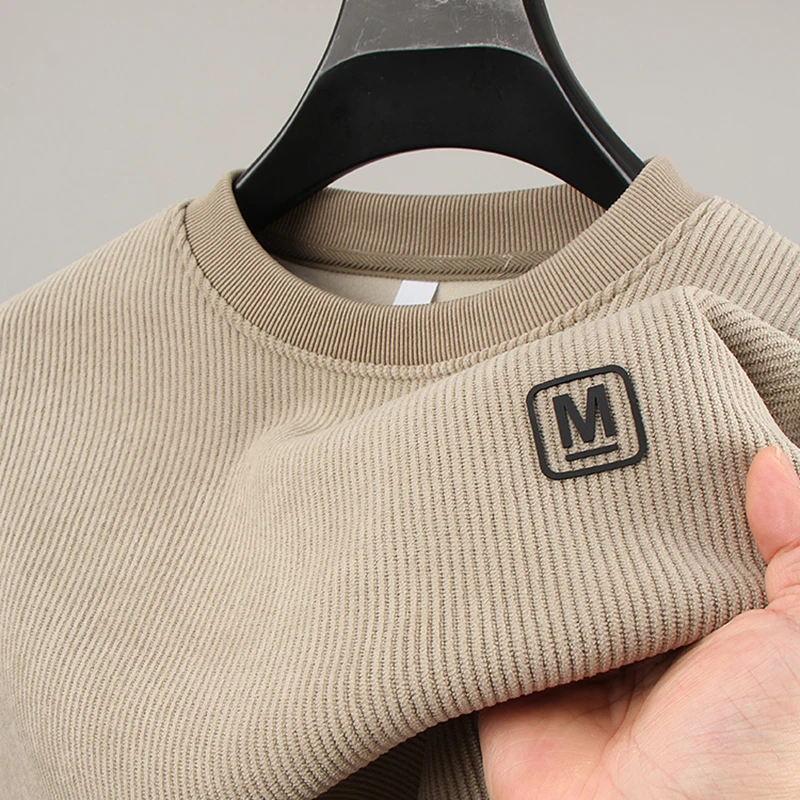 秋冬男士灯芯绒卫衣加绒加厚圆领澳粒绒长袖t恤男保暖打底衫衣服