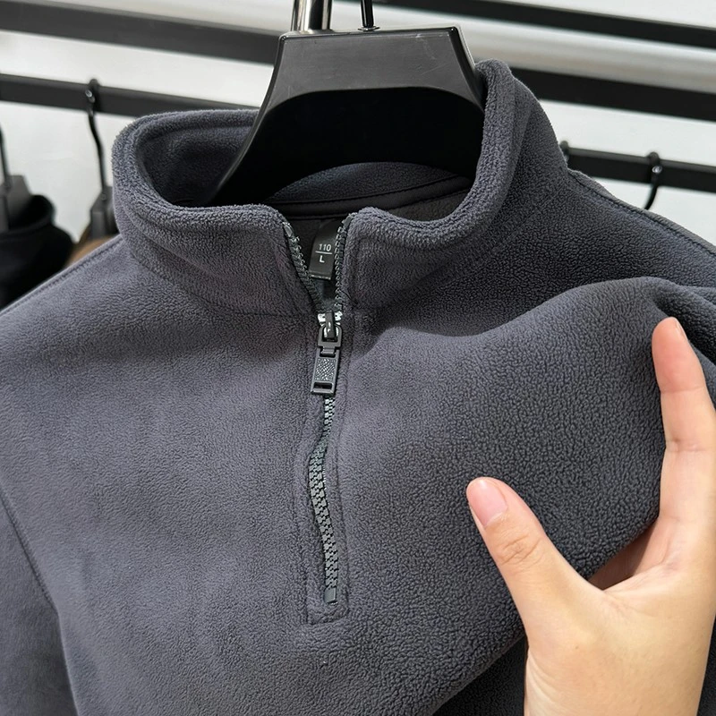 (口袋款)澳粒绒半拉链卫衣男冬季加绒加厚立领打底衫保暖抓绒上衣