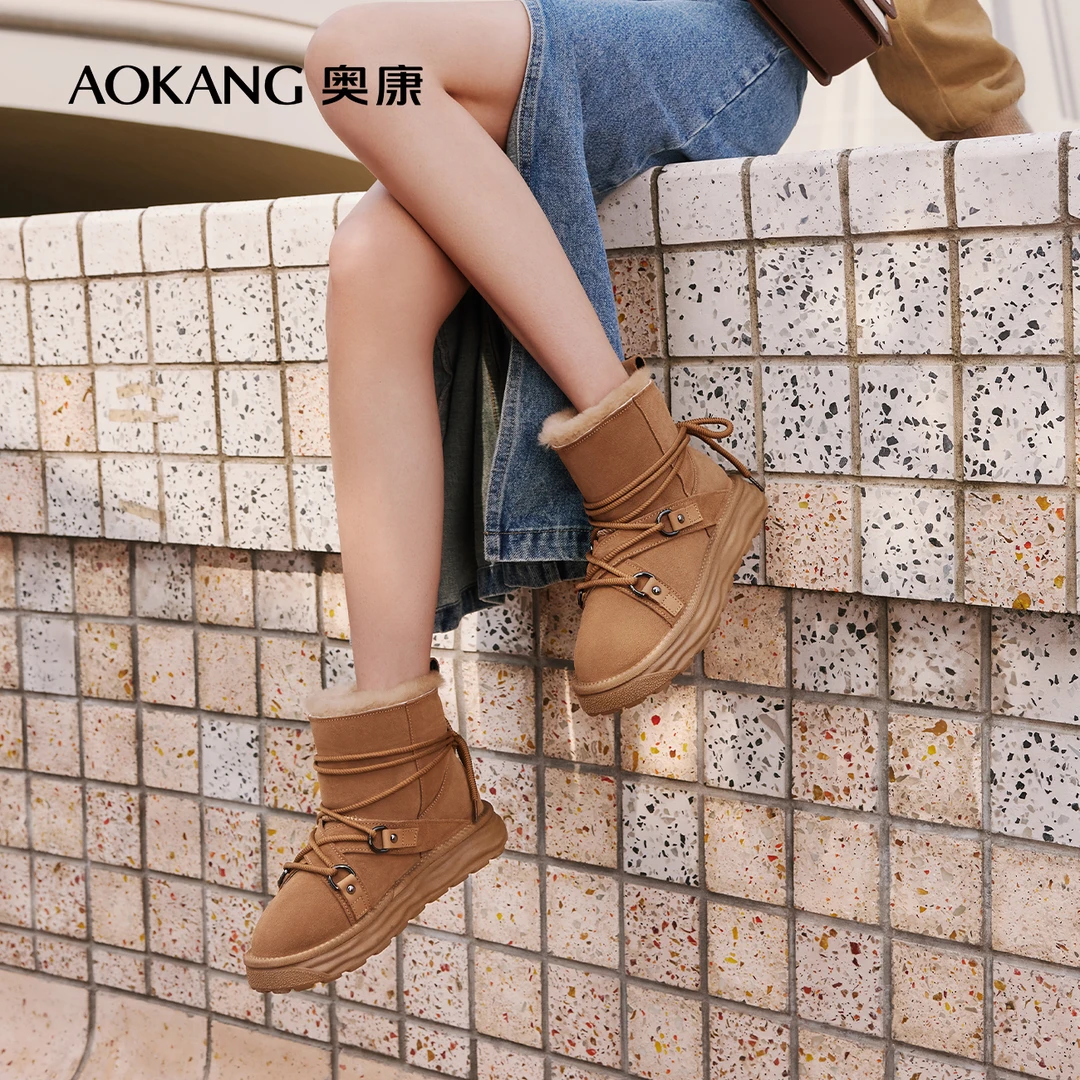 Aokang/奥康2023冬季新款秋冬雪地靴加绒保暖棉鞋百搭短筒雪地靴