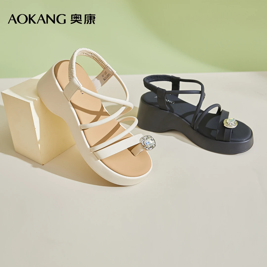 女鞋厚底夏季水钻套趾坡跟软底舒适罗马鞋百搭百搭仙女风时尚
