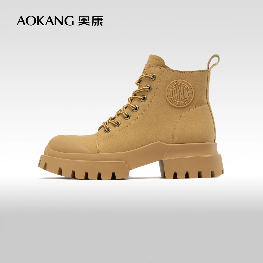 Aokang/奥康女鞋2025复古大黄靴休闲百搭工装靴厚底登山马丁靴
