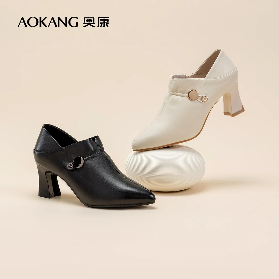 女鞋 春秋季新款羊皮通勤时尚粗跟女士时装高跟鞋气质外穿