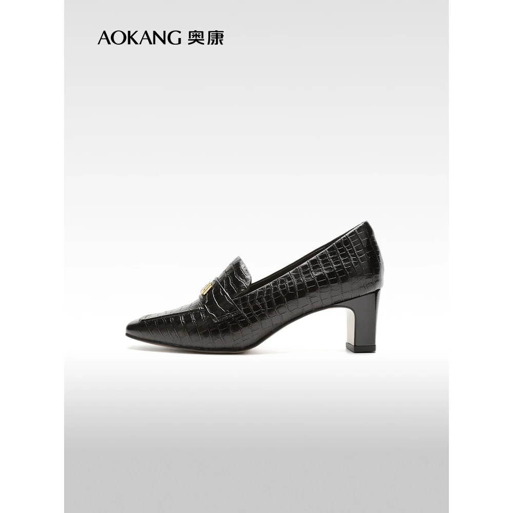 女鞋 春秋季新款真皮方头中口单鞋粗跟英伦潮