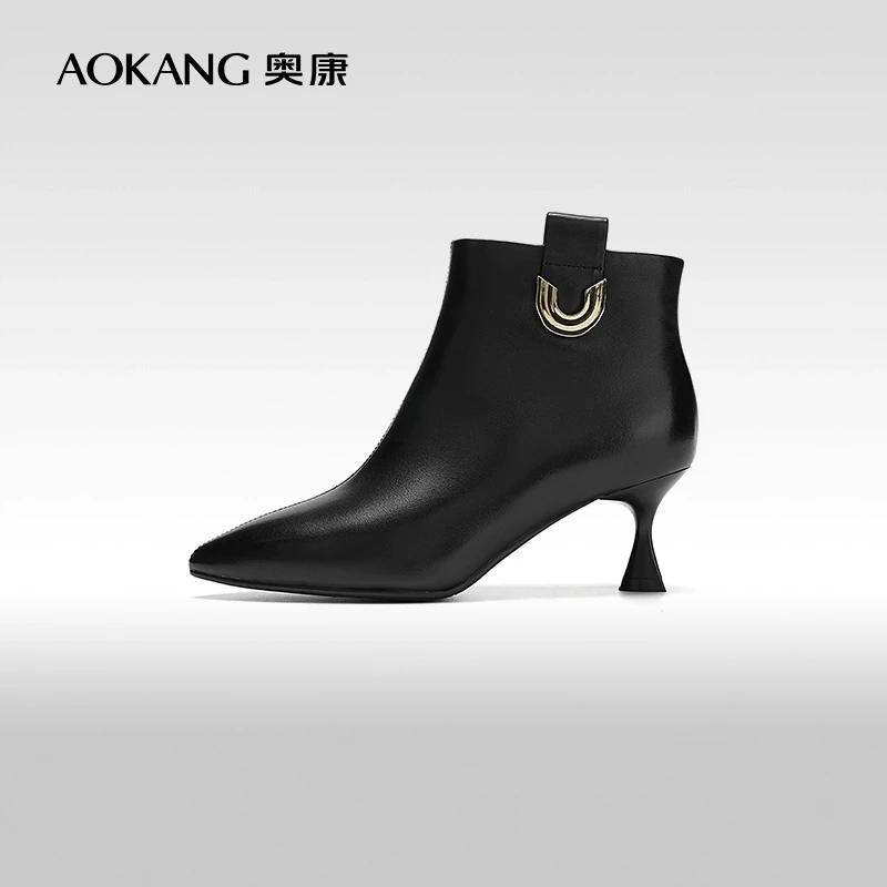 女鞋 冬季新款法式尖头真皮短靴细跟时装靴时尚百搭时装短靴M