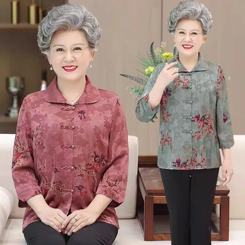 奶奶装夏装印花夏季衬衫开衫老年人宽松薄衬衣妈妈装翻领上衣T恤