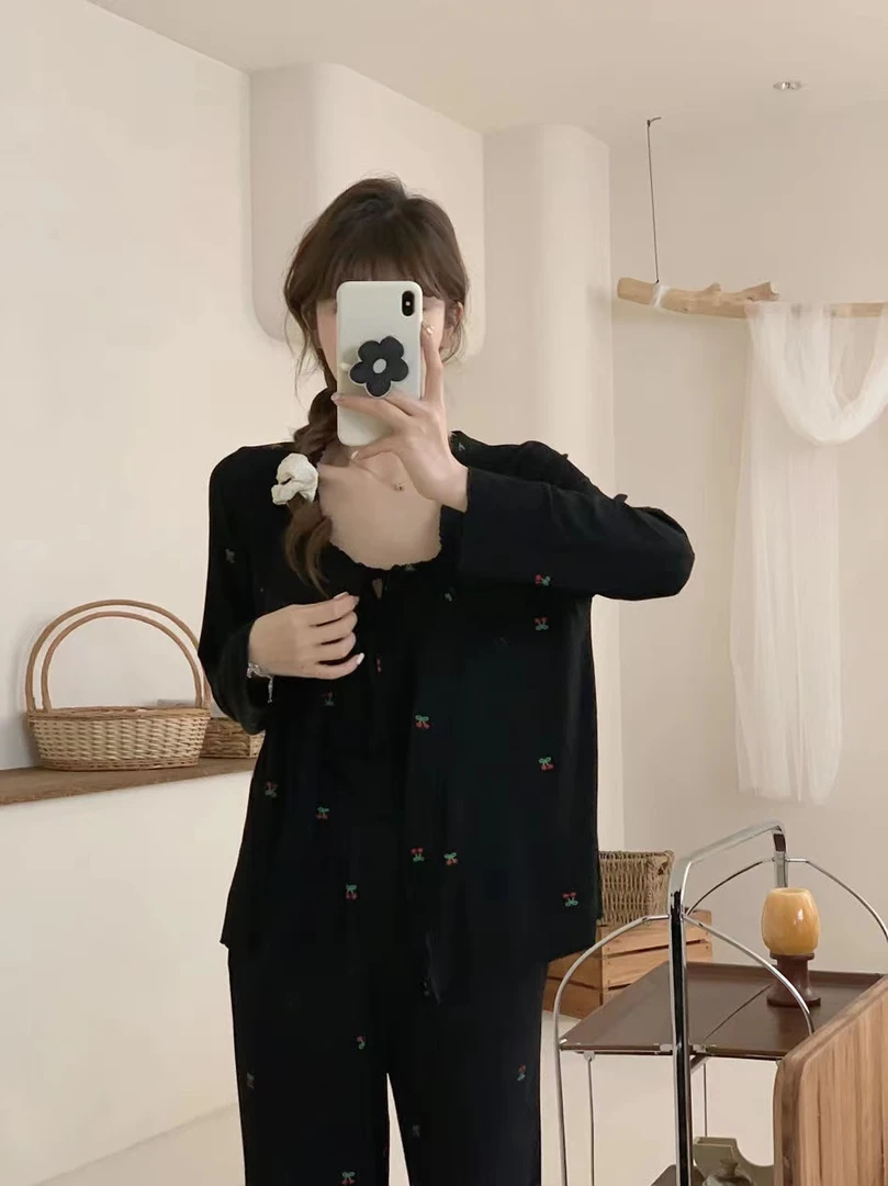 纯欲风三件套胸垫款莫代尔棉睡衣套装显瘦性感纯欲风睡衣女套装