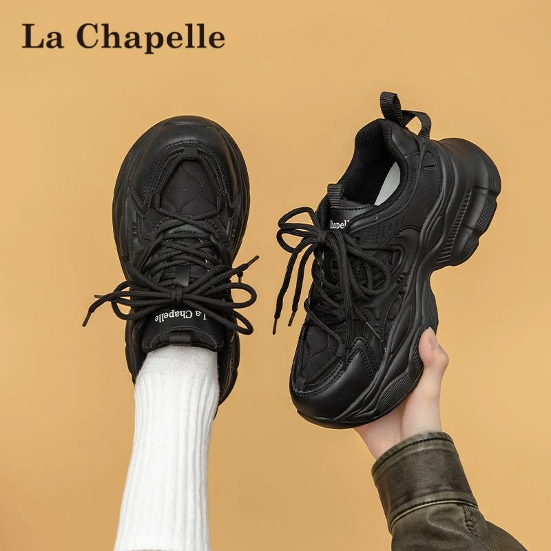 拉夏贝尔厚底运动鞋百搭小众显脚小黑色增高老爹鞋