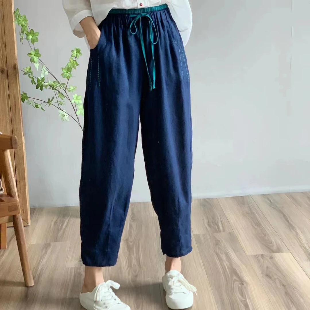 高端复古亚麻休闲裤女夏季新款显瘦松紧腰带抽绳哈伦裤藏肉九分裤
