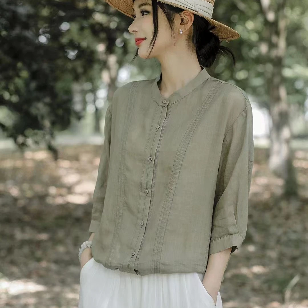 高支细苎麻夏季新款纯苎麻上衣下摆可调节休闲百搭衬衫宽松开衫