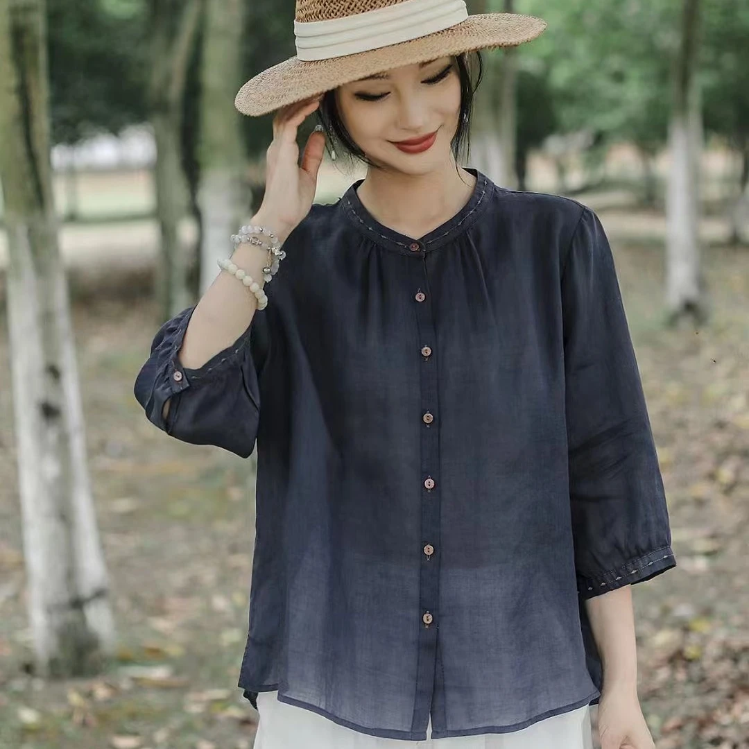 2024年衬衫女夏季薄款显瘦苎麻衬衫休闲宽松刺绣上衣百搭小衫苎麻