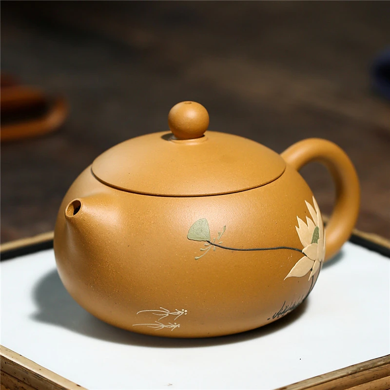 纯手工堆绘宜兴紫砂壶 原矿黄金段泥荷香西施紫砂壶 茶壶茶具340c