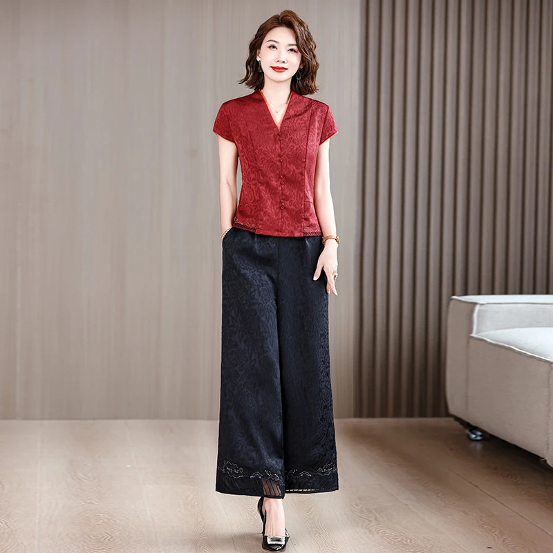 时尚气质龟裂纹套装女2025夏季新款妈妈复古时髦洋气显瘦两件套