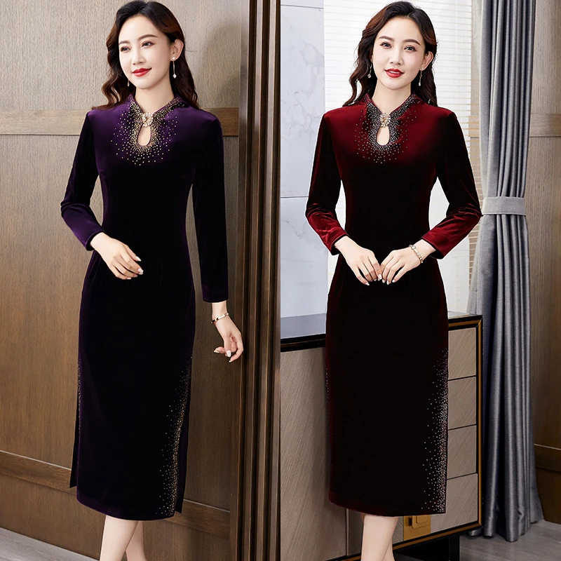 十一喜婆婆婚宴秋冬礼服婚礼中长款气质洋气妈妈高贵金丝绒连衣裙