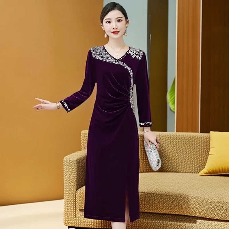 十一喜婆婆婚宴装金丝绒改良旗袍晚礼服年轻妈妈婚礼高贵长袖秋冬