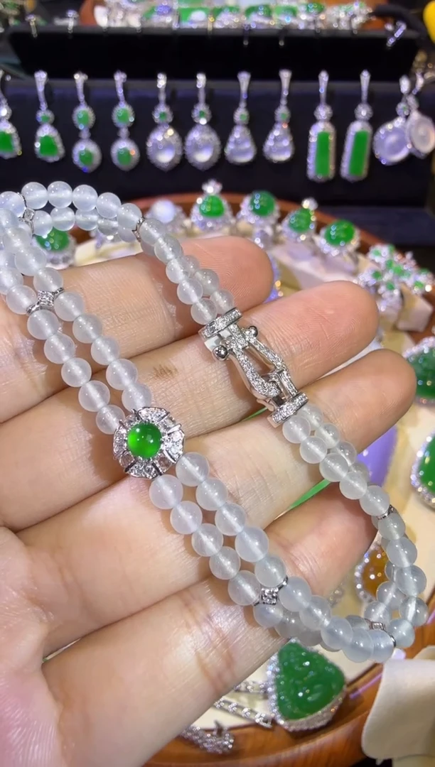 【闪购商品】翡翠手链18K金镶嵌玻璃种圆珠诸事顺利手链