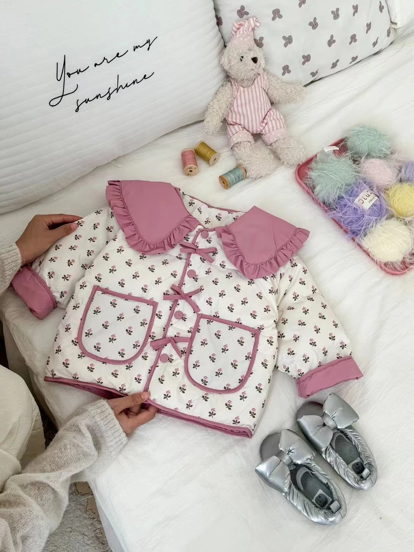 花边保暖羽绒服加厚女童娃娃领冬款韩版碎花时尚甜美儿童洋气小童