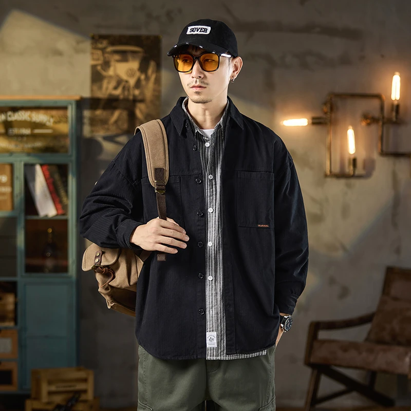 接潮男士牛仔衬衫男款春秋潮牌工装外套长袖衬衣男百搭时尚