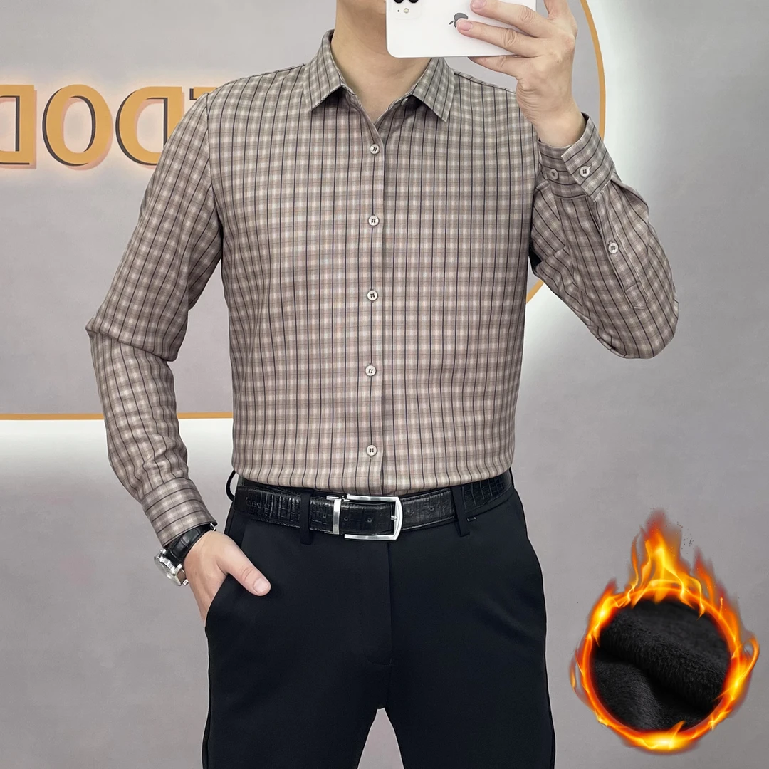 冬季加绒加厚男士保暖商务休闲翻领格子长袖衬衫时尚百搭无痕衬衣