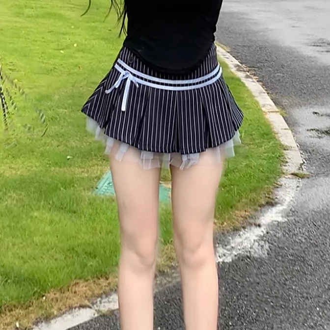 微胖mm显瘦美竖纹蕾丝拼接蝴蝶结女夏季小众设计减龄高腰百褶裙子