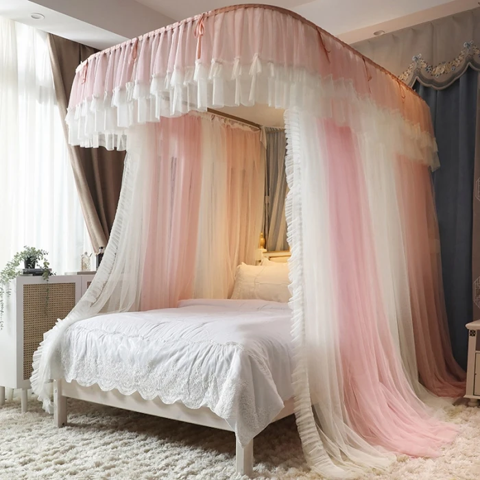 新款双层纱U型导轨蚊帐加粗加厚不锈钢支架三开门卧室家用蚊帐