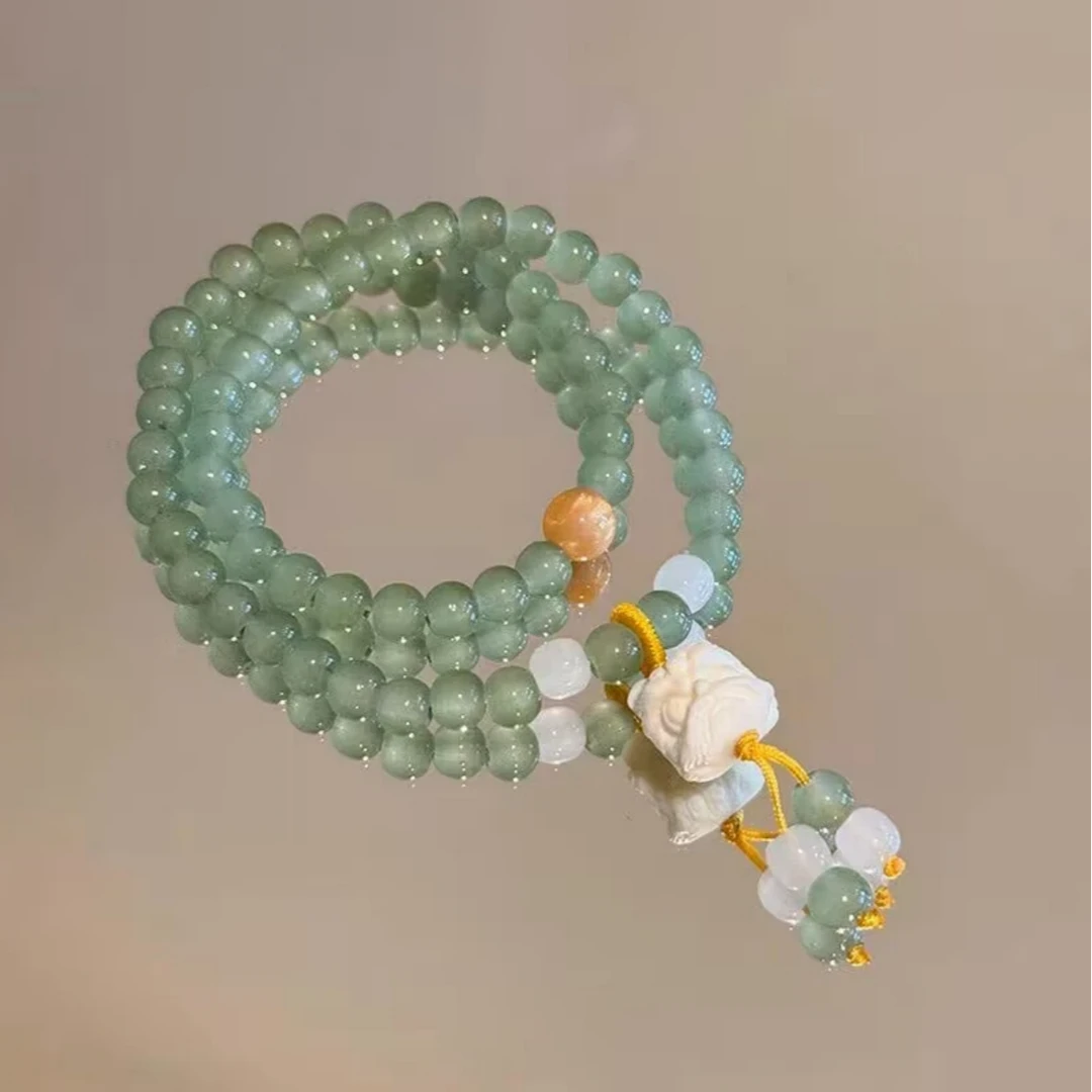 非金属玻璃手链 新中式醒狮双层叠戴串珠女简约冷淡古风手饰