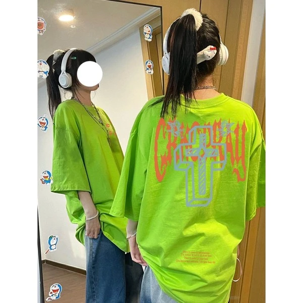 爆款美式高街重磅绿黄色正肩短袖t恤女装夏季宽松半袖小众设计感