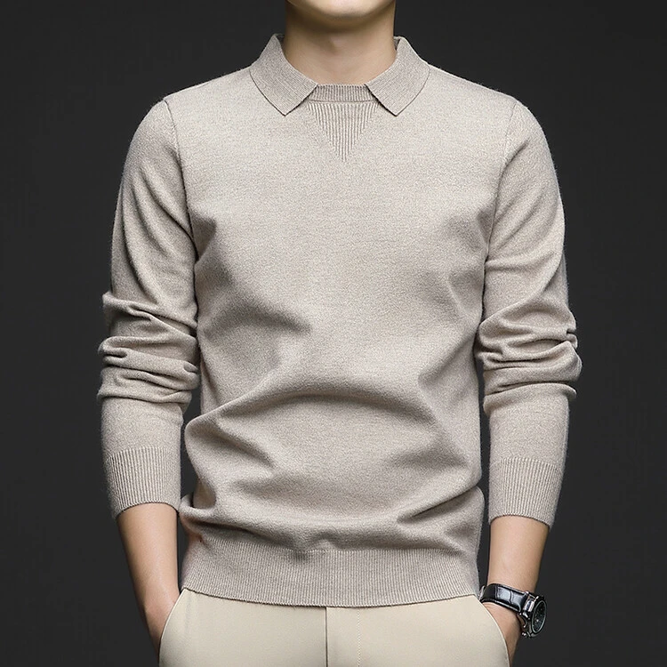冬季新款翻领时尚纯色羊毛衫男士长袖100%纯羊毛休闲加厚百搭毛衣