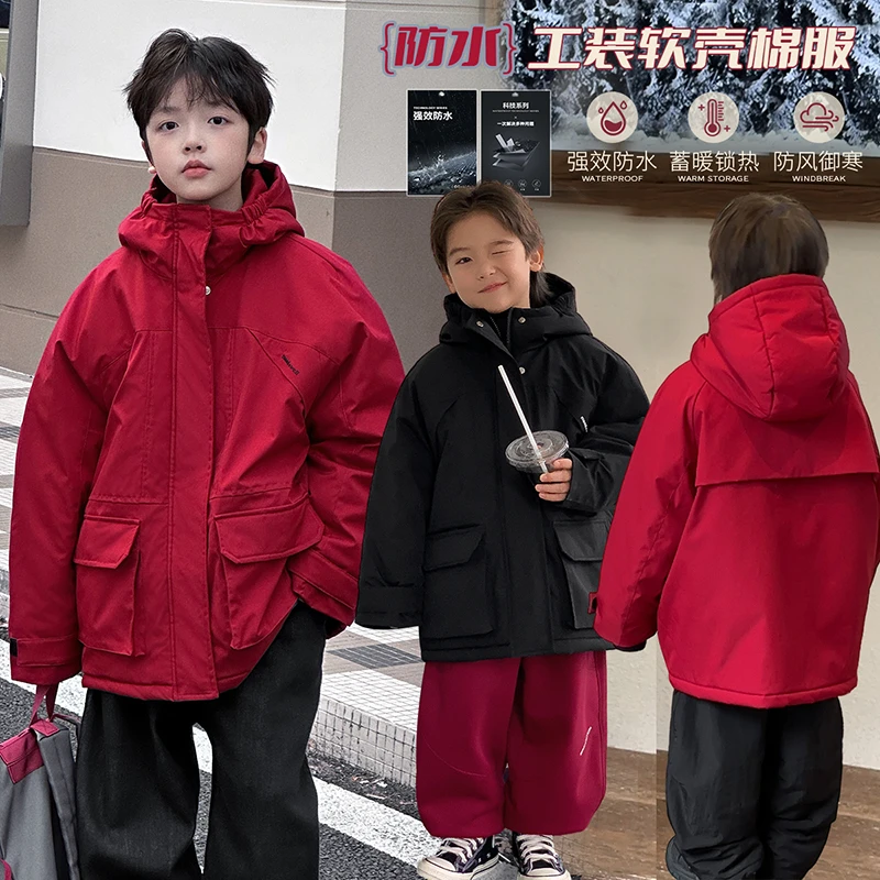 现货【我超红】源源家童装2024儿童红色棉服连帽男童加绒外套冬5