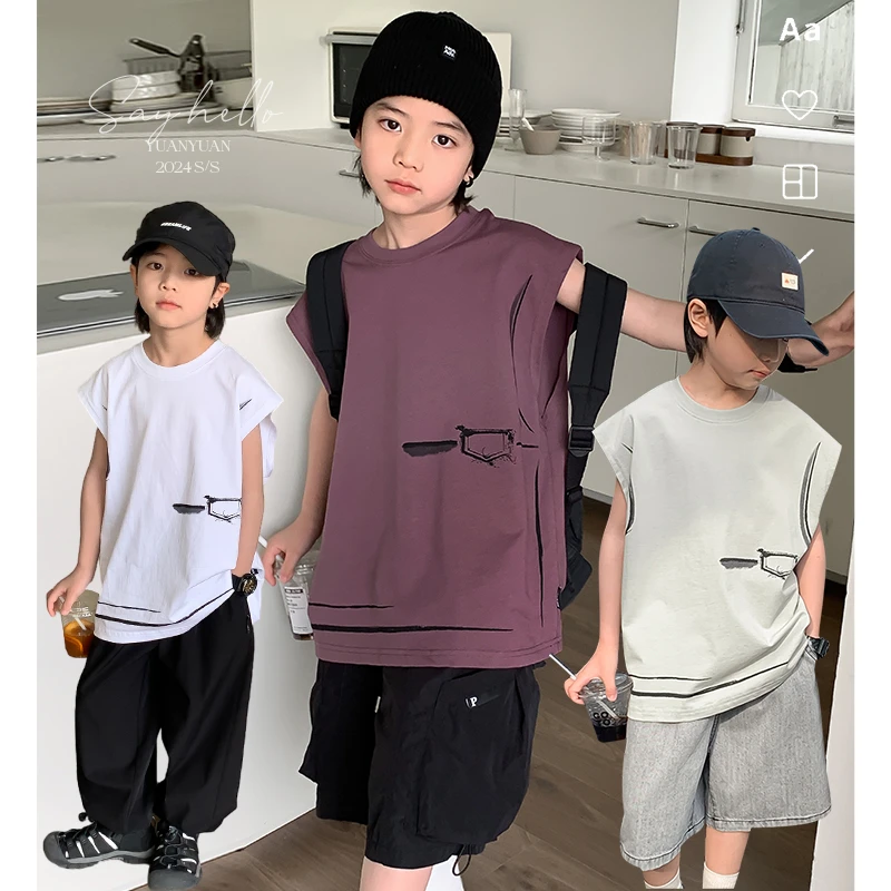 【假两件涂鸦】源源家童装2024夏男童无袖儿童背心中大童薄坎肩洋气