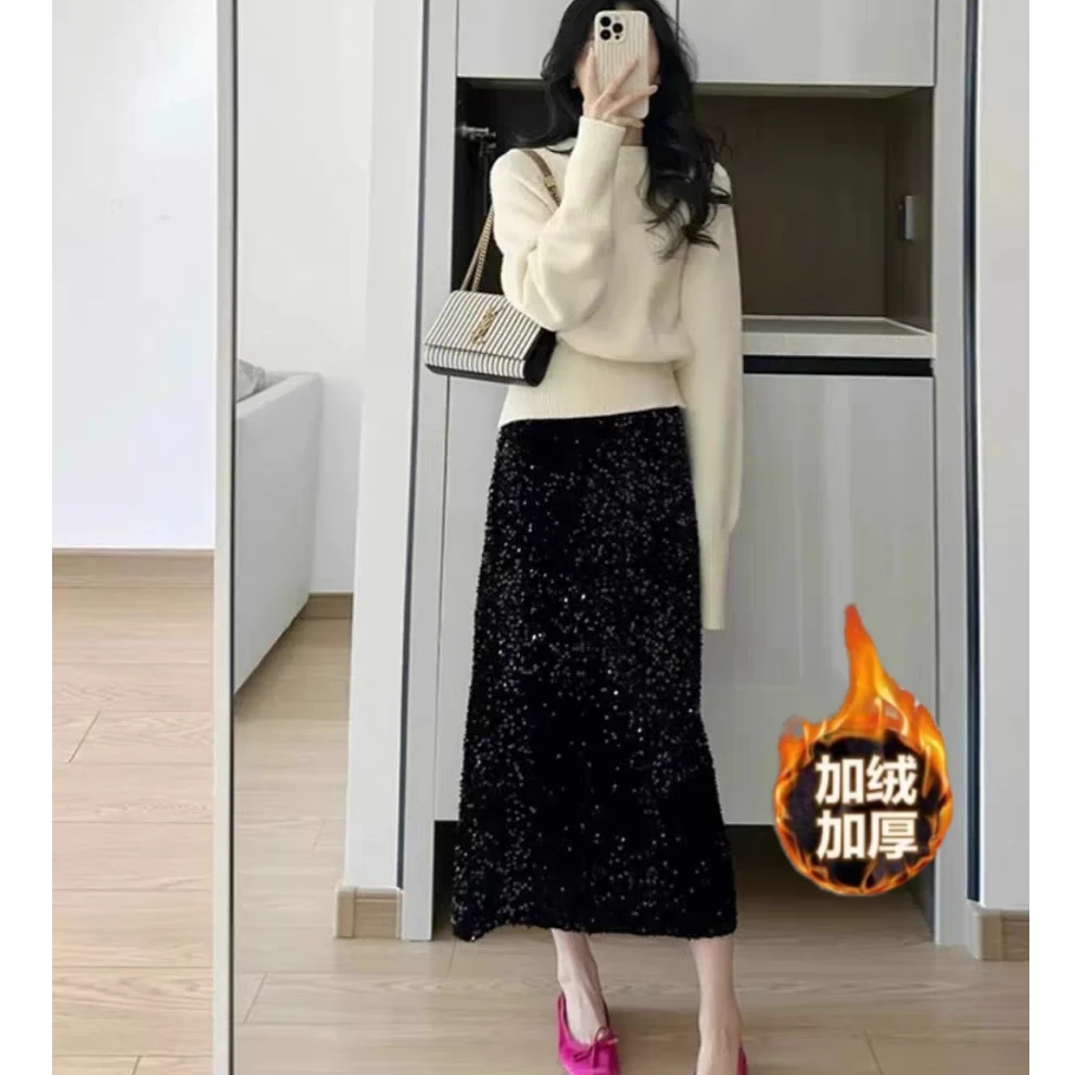 2025丝绒亮片半身裙新款黑色气质高腰显瘦百搭长裙直筒开叉裙子女