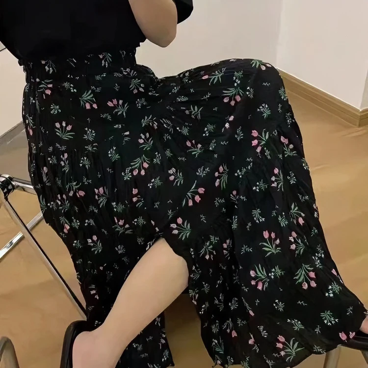 夏季松紧腰褶皱高级碎花半身裙韩版复古显瘦高腰a字遮胯开衩半裙