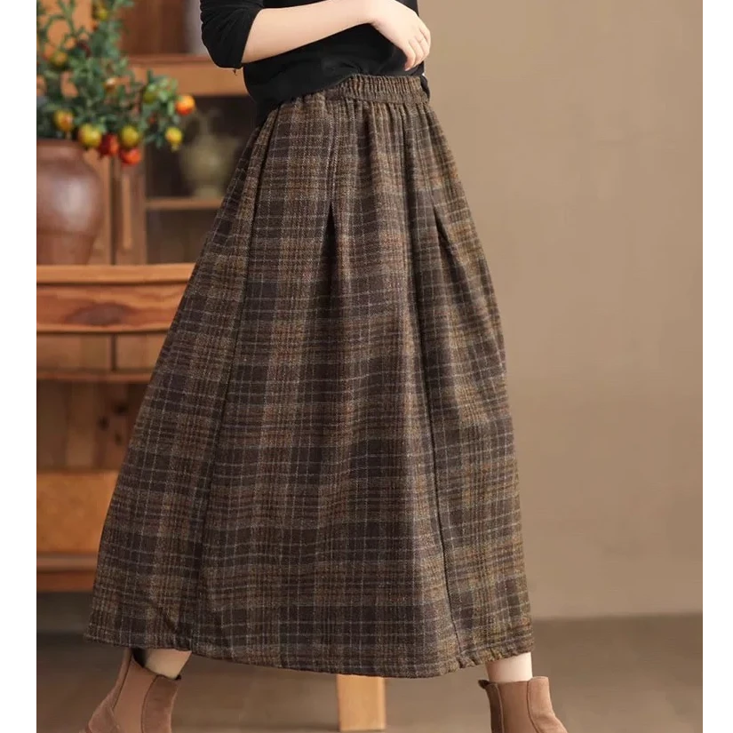 胖mm裙子复古格子半身裙女早春2025新款微胖遮胯显瘦毛呢A字长裙