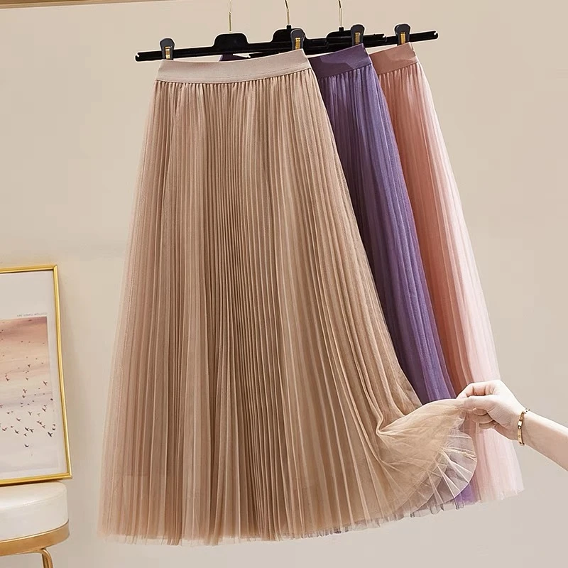 2025春秋新款a字高腰蓬蓬显瘦垂感百褶网纱裙韩版半身中长裙子女