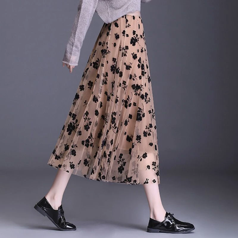 【两面穿】网纱半身裙女春秋碎花大摆裙亮丝纱裙高腰显瘦百褶网纱裙