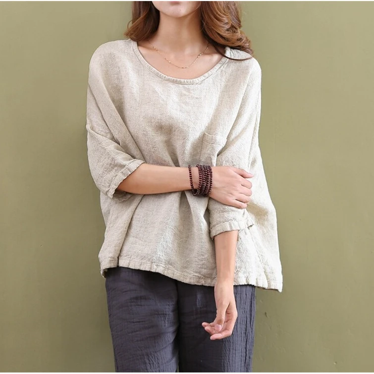 24春夏新棉麻大码女装文艺亚麻宽松打底汉麻T恤衬衫上衣落肩复古