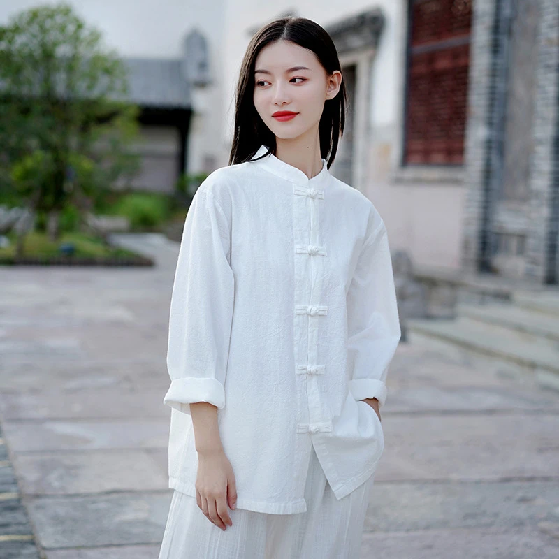24春夏棉麻国风复古立领盘扣茶服衬衫打坐禅修女晨练太极服中国风