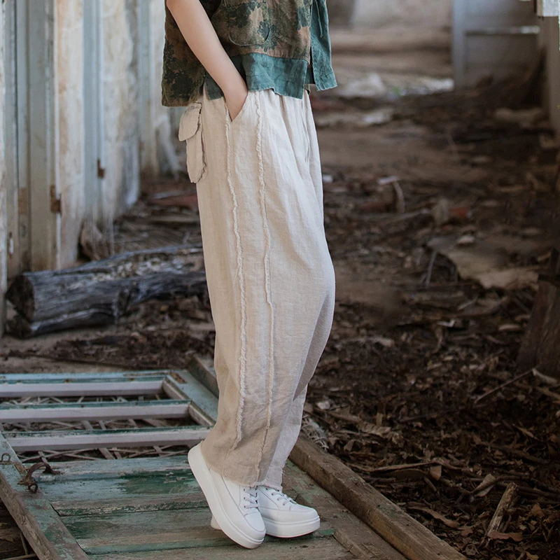 24春大码棉麻女装宽松民族风长裤女文艺复古休闲束脚裤中式中国风