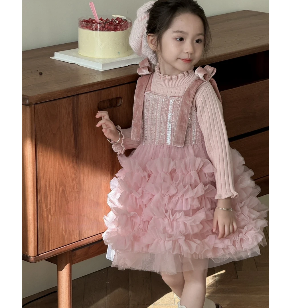 女童秋冬加绒亮片连衣裙洋气公主裙纱裙儿童生日礼服蓬蓬礼服裙