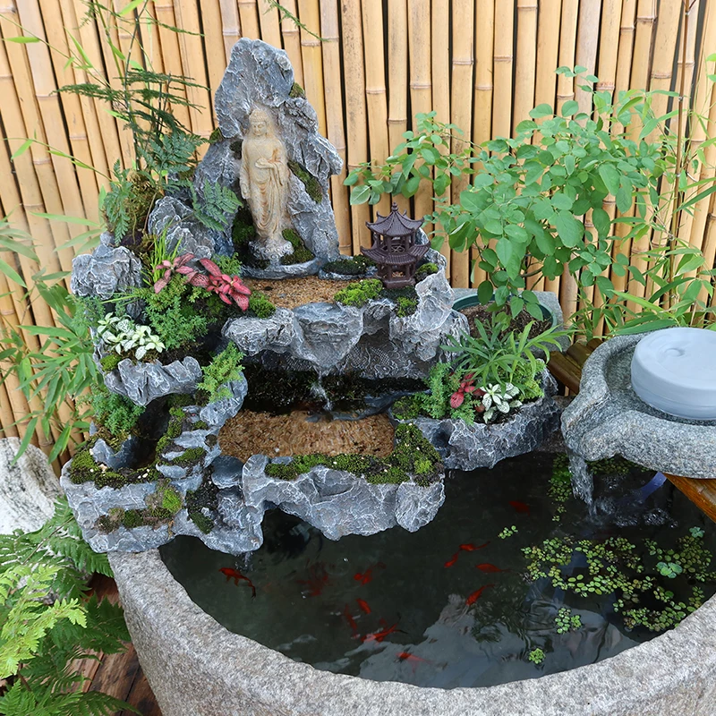 创意新中式鱼缸假山石摆件假山水景造景花园摆件室内鱼缸造景流水