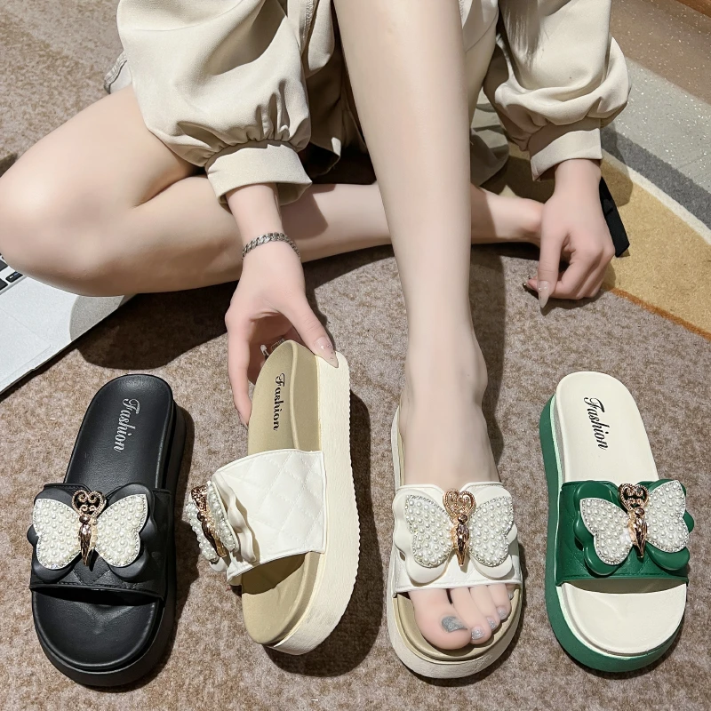 网红超火凉拖鞋女夏季百搭时尚珍珠蝴蝶结厚底防滑外穿沙滩拖鞋