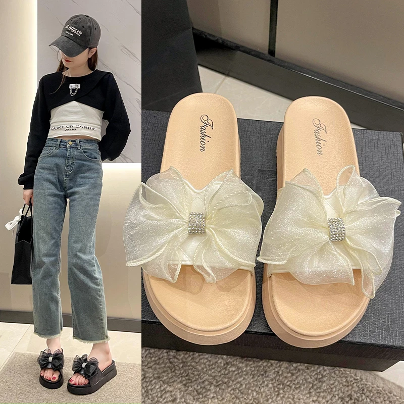 2023新款厚底拖鞋女夏软底防滑显高外穿仙女风蕾丝一字凉拖鞋女
