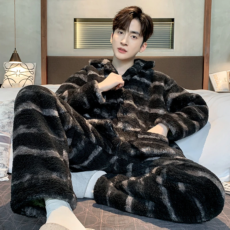 冬季睡衣男士珊瑚绒加绒加厚防寒保暖大码宽松冬款时尚秋冬家居服