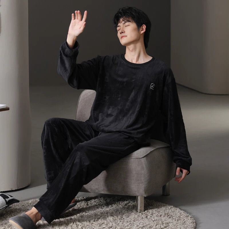 【轻奢高档】新款时尚加绒加厚珊瑚绒睡衣圆领保暖宽松可外穿家居服