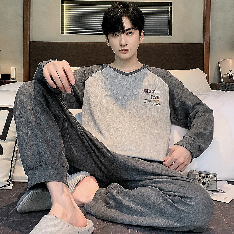 睡衣男春秋新款深灰插肩字母长袖长裤家居服套装-A202